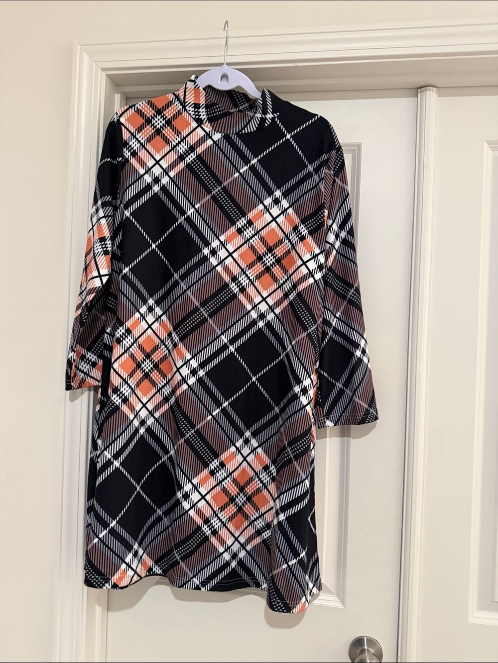 Black Plaid Long-Sleeve Pullover Shirt with Orange Accents